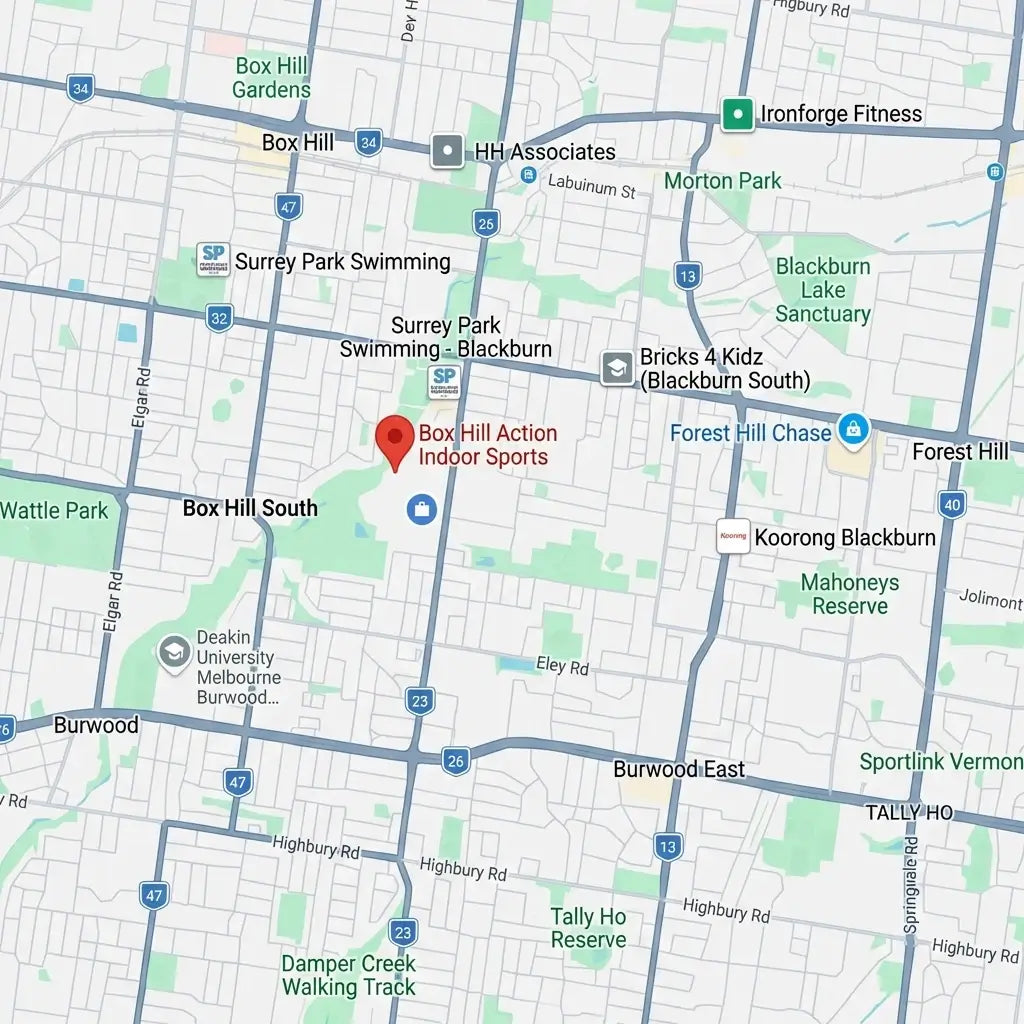 A strategic location map of First Pick Academy at Action Indoor Sports, conveniently serving families in Box Hill South, Burwood, and Blackburn.