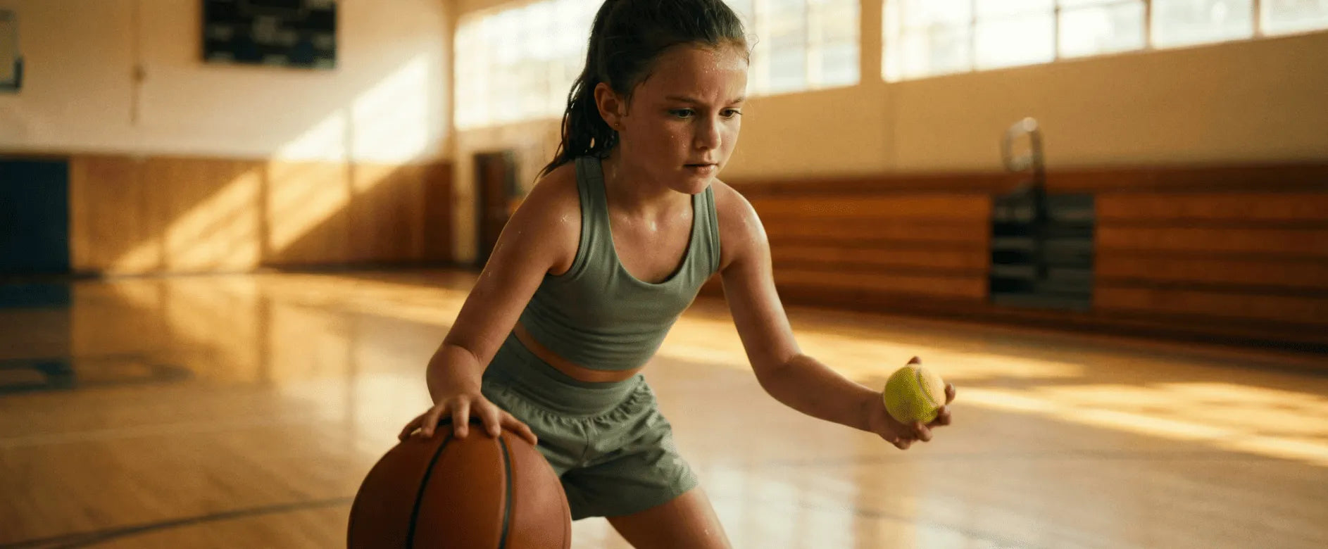 A young girl performing a dual-task coordination drill—dribbling a basketball while catching a tennis ball—demonstrating the 'Neural Software' pillar of First Pick’s 5+3 methodology for elite athletic IQ.