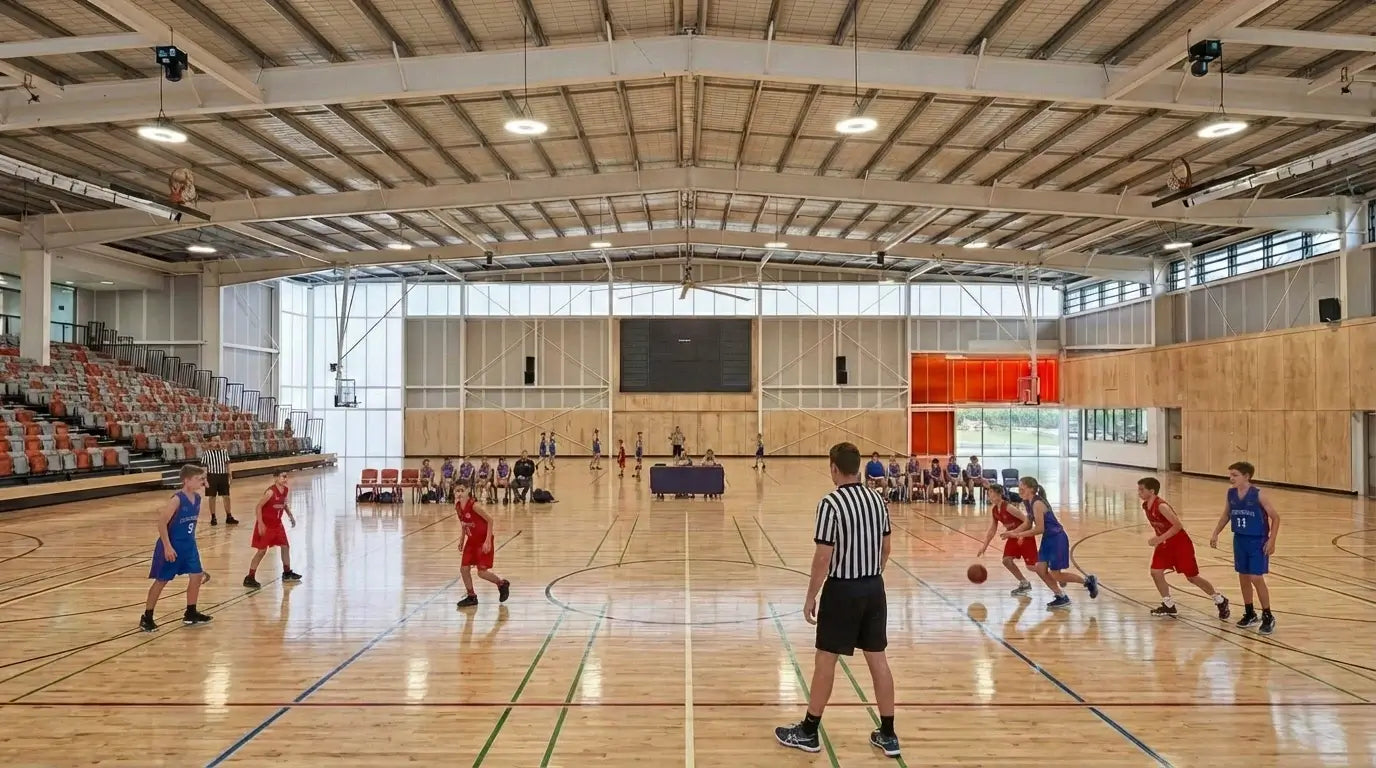 A professional Victoria Basketball referee instructing youth players on official game rules and tactical positioning during a First Pick EDP session. The image emphasizes game discipline and technical accuracy.