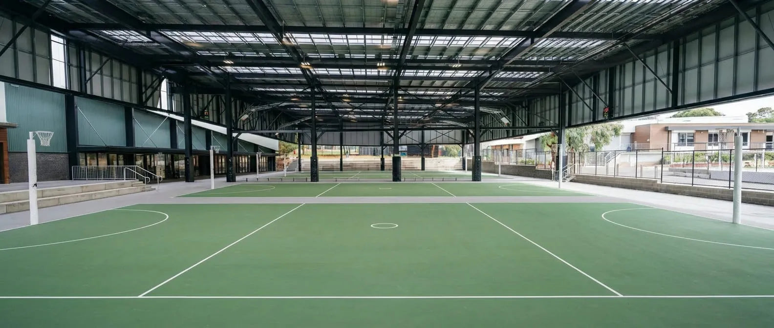 A wide view of the modern, professional indoor-outdoor basketball courts at Vermont Sportlink in Vermont South, Melbourne. This premium facility features expansive high-ceilinged spaces and excellent natural light, providing an inspiring and safe environment for First Pick’s 5+3 scientific youth athletic development