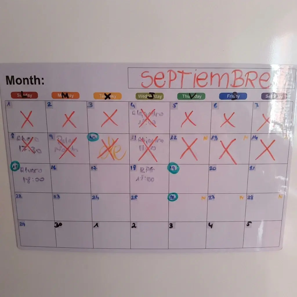 Close-up of a magnetic calendar in a Canadian home with red marks indicating successfully completed daily tasks.