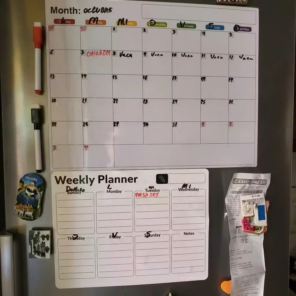 A family's magnetic focus planner on a refrigerator in Denmark, showing a clear and organized weekly schedule.