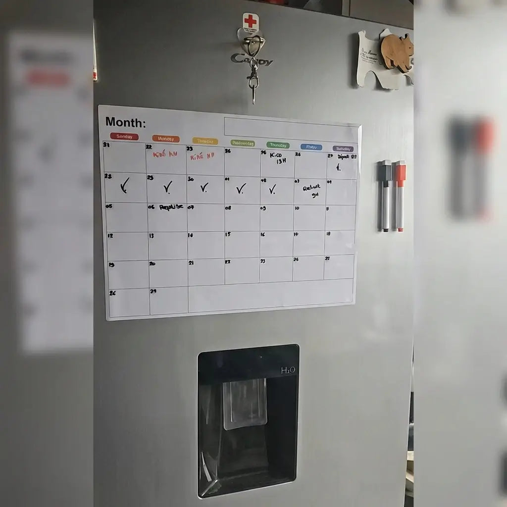 A modern Norwegian kitchen featuring the First Pick magnetic focus tool integrated seamlessly onto a stainless steel fridge.