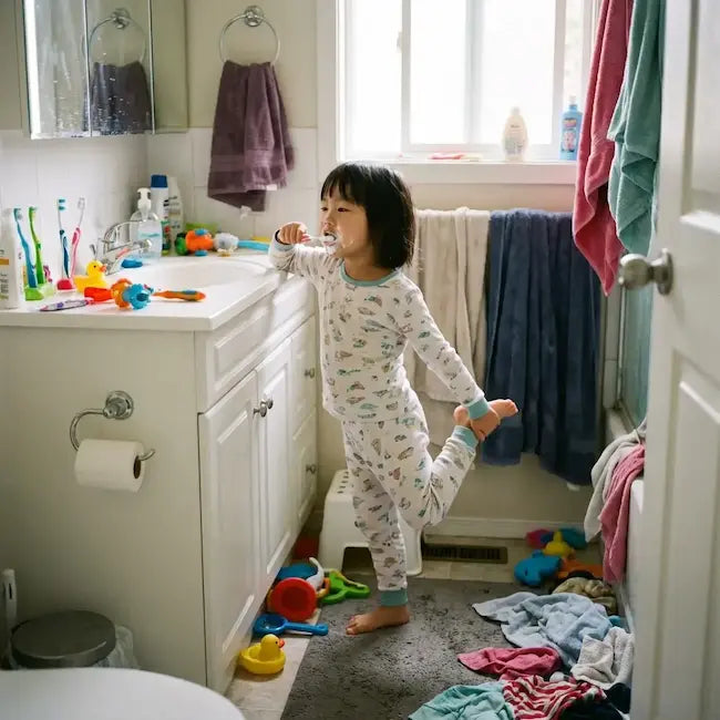 A customer photo from the UK showing a child practicing a balance neuro-drill while brushing teeth.