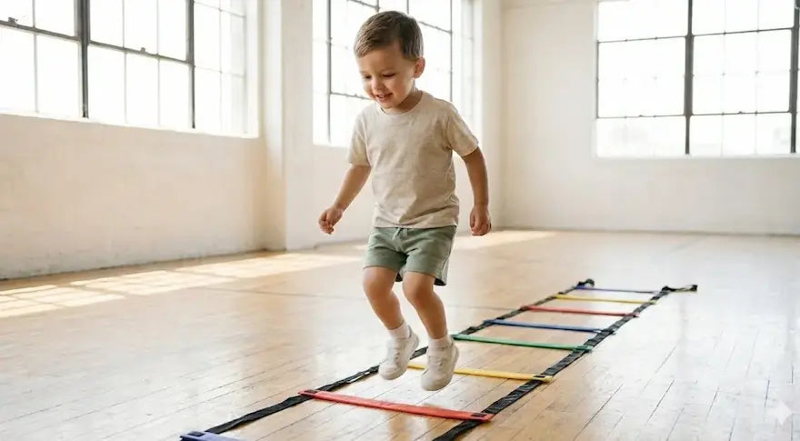 A young child (aged 3-5) practicing footwork on an agility ladder during a First Pick Grow & Go session, focusing on foundational motor skills and neurological coordination in Melbourne.