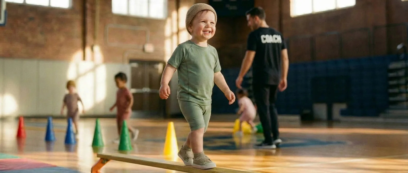 A focused toddler in sage green athletic wear practicing balance on a beam during a First Pick Grow & Go trial session. This drill develops foundational 'Biological Hardware' including coordination and balance for children aged 2-6 in a premium Melbourne stadium.