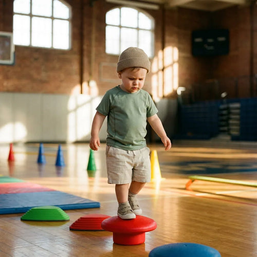 A joyful 3-year-old girl holding a small basketball during a Grow and Go trial session at an elite Melbourne stadium, showcasing the joy of early physical discovery.