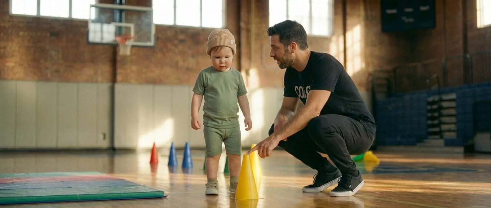 A First Pick coach kneeling down at eye-level to guide a toddler during a Grow & Go session. This professional interaction demonstrates the development of 'Neural Software' pillars like reaction and coordination through personalized instruction in a Melbourne indoor stadium.