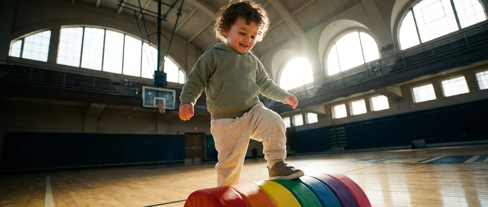 A mischievous 45-degree low-angle shot of a happy toddler stepping over a training hurdle in a sun-drenched Melbourne indoor stadium, linking to the First Pick Grow & Go program.