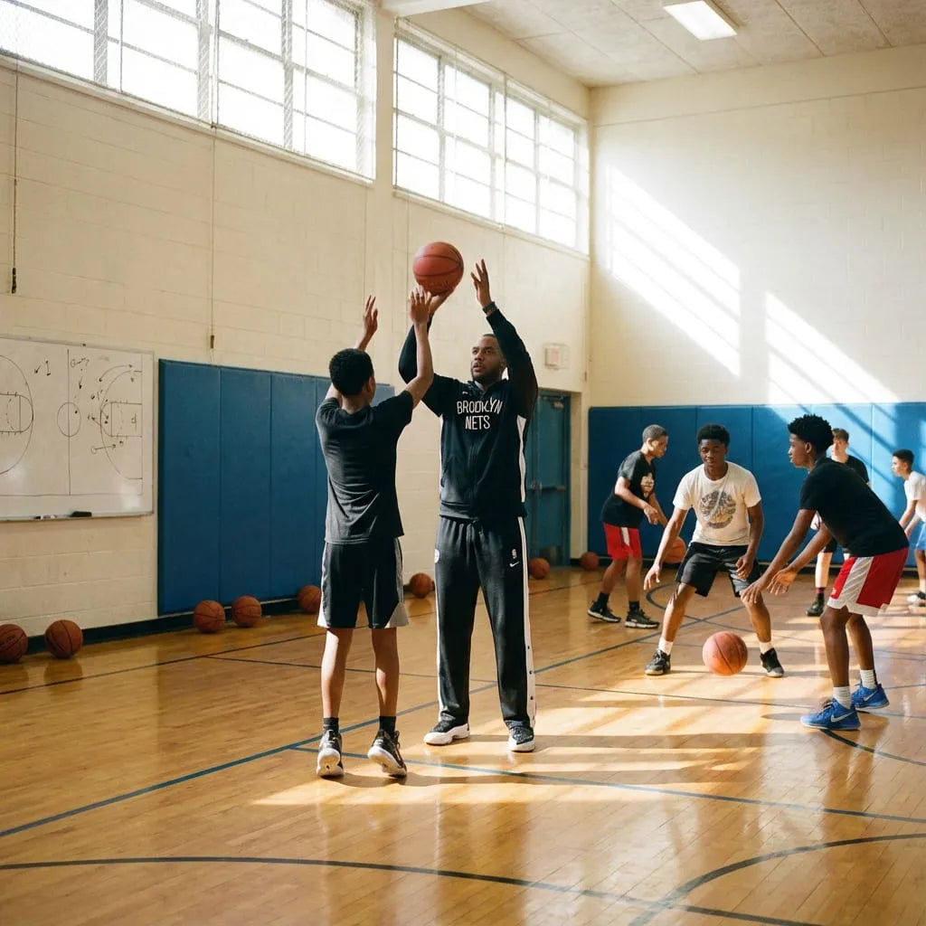 A youth basketball training session in Melbourne, led by a coach focusing on fundamental movement and skill development for children.