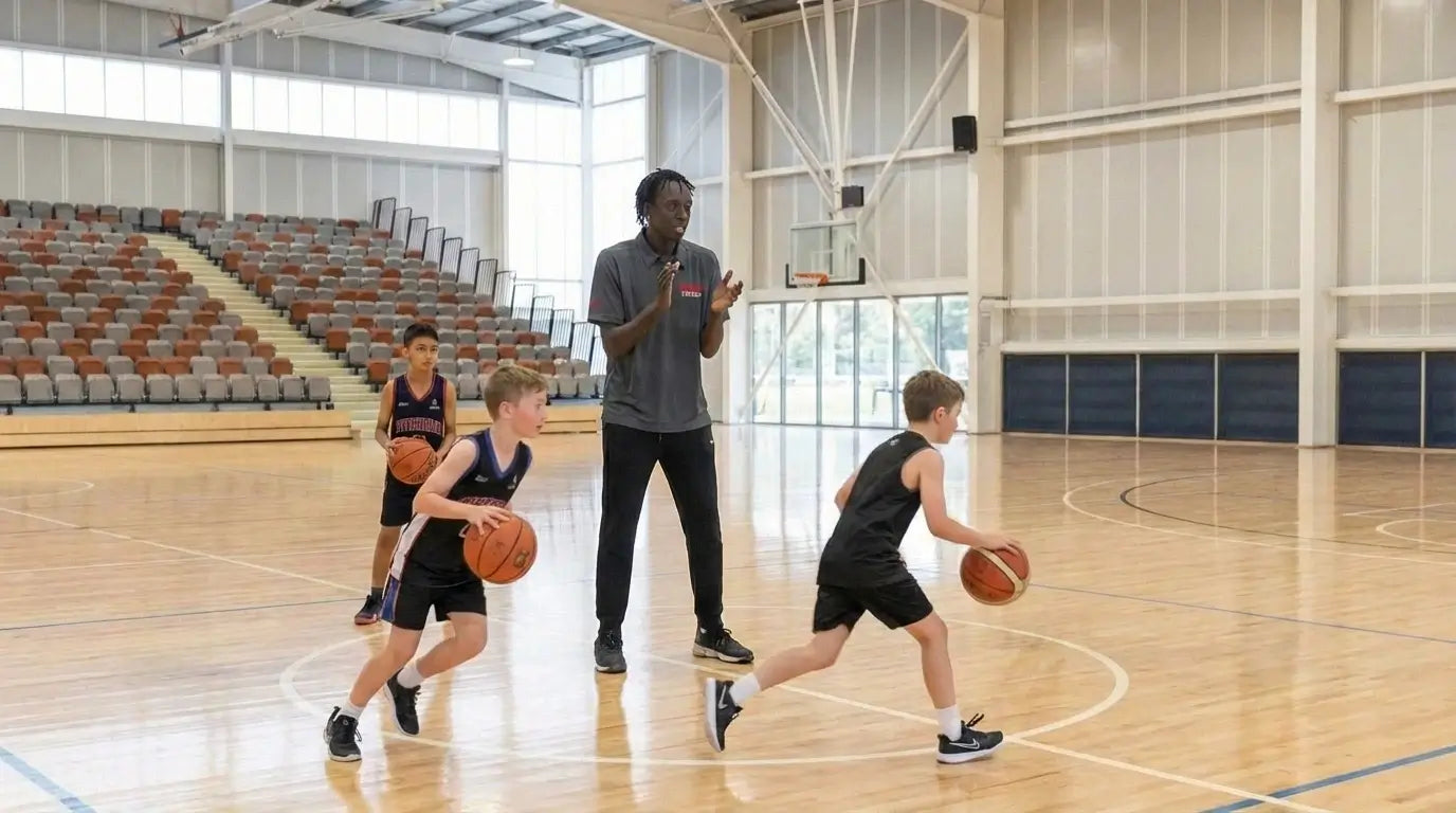 An advanced junior basketball player (aged 8-14) performing high-intensity drills at the First Pick x Redroo Elite Academy in Wheelers Hill.