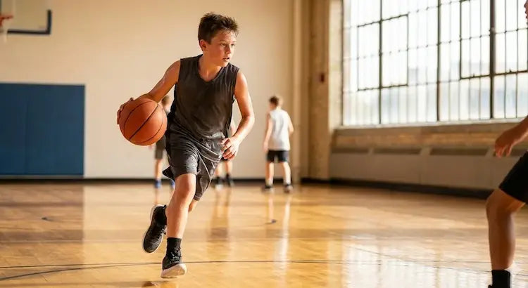 A youth basketball player (aged 6-12) dribbling a basketball with focus, applying the 5+3 methodology during a skill and science trial class at First Pick Basketball Academy.