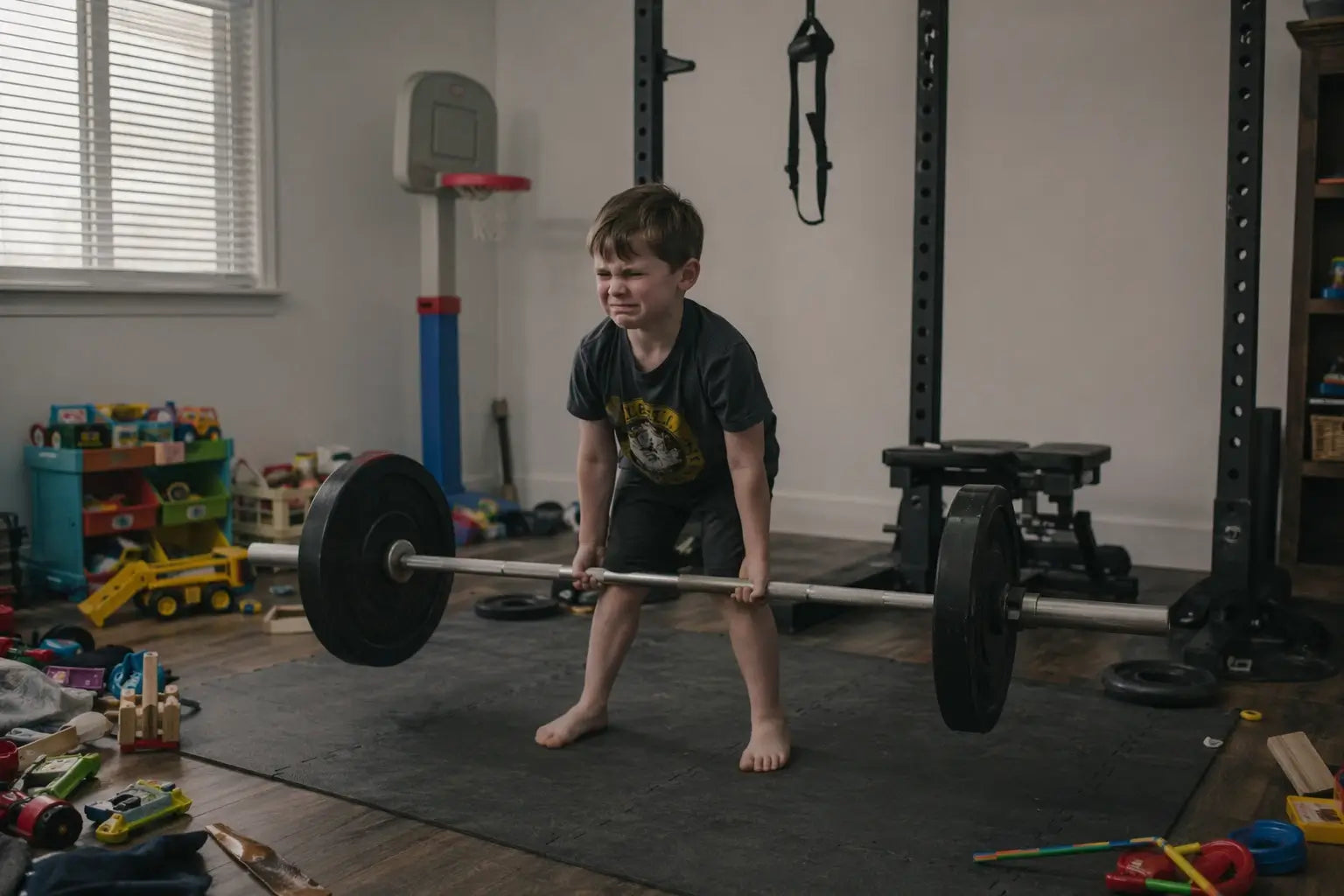 Child struggling with heavy bulky traditional weights, unsafe uncomfortable kids training equipment