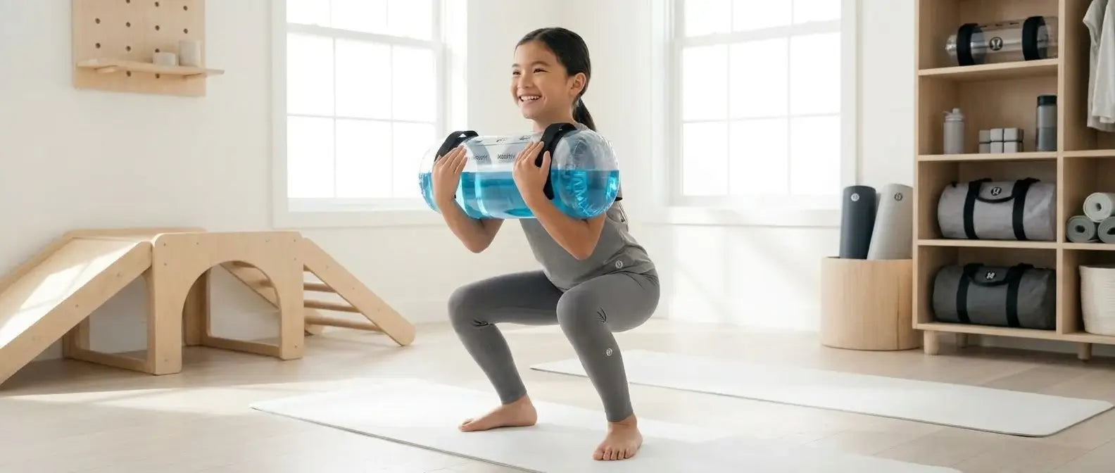 Happy child training with lightweight adjustable water power bag, safe portable kids home fitness solution