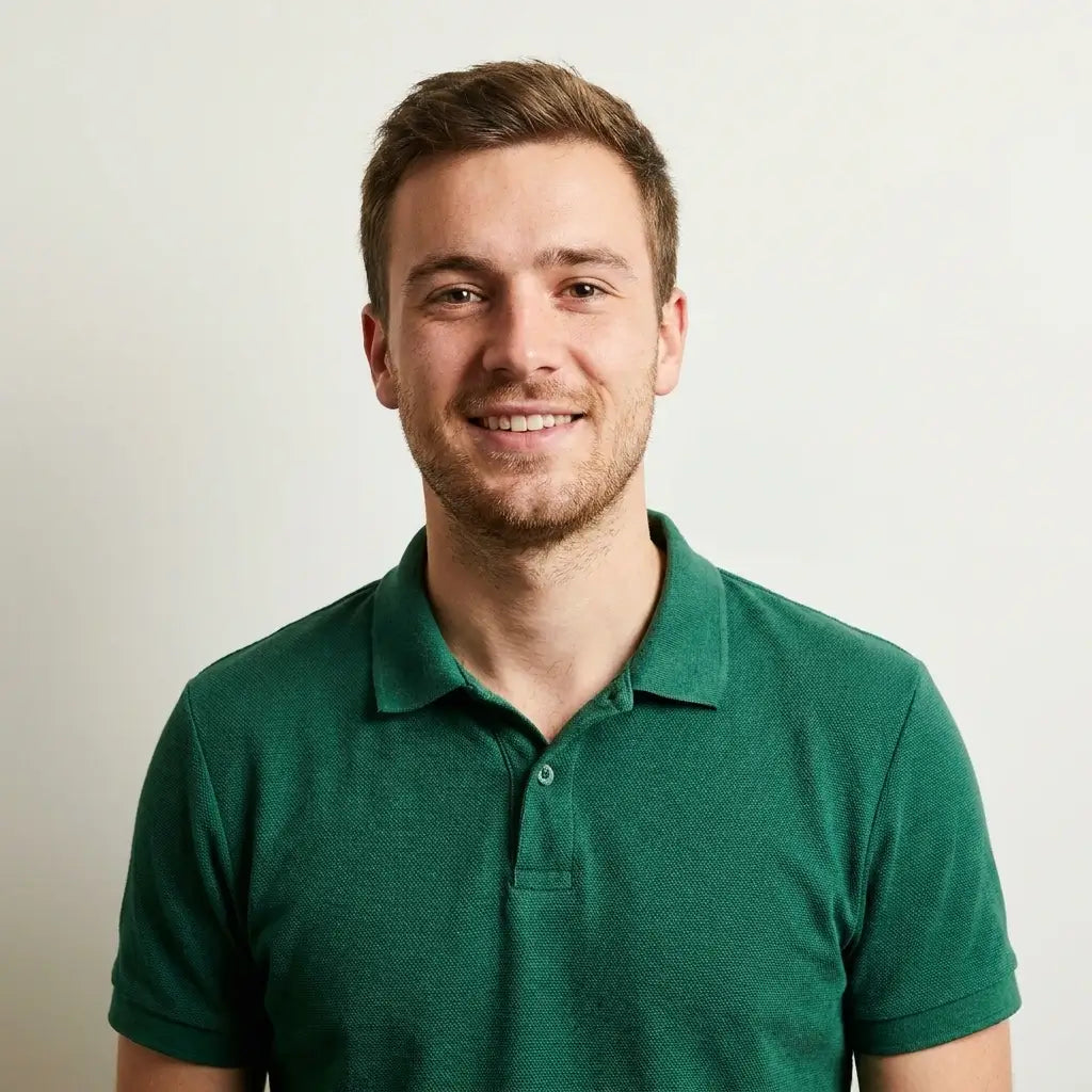 Headshot of a friendly young man in casual modern attire, relaxed and authentic profile photo