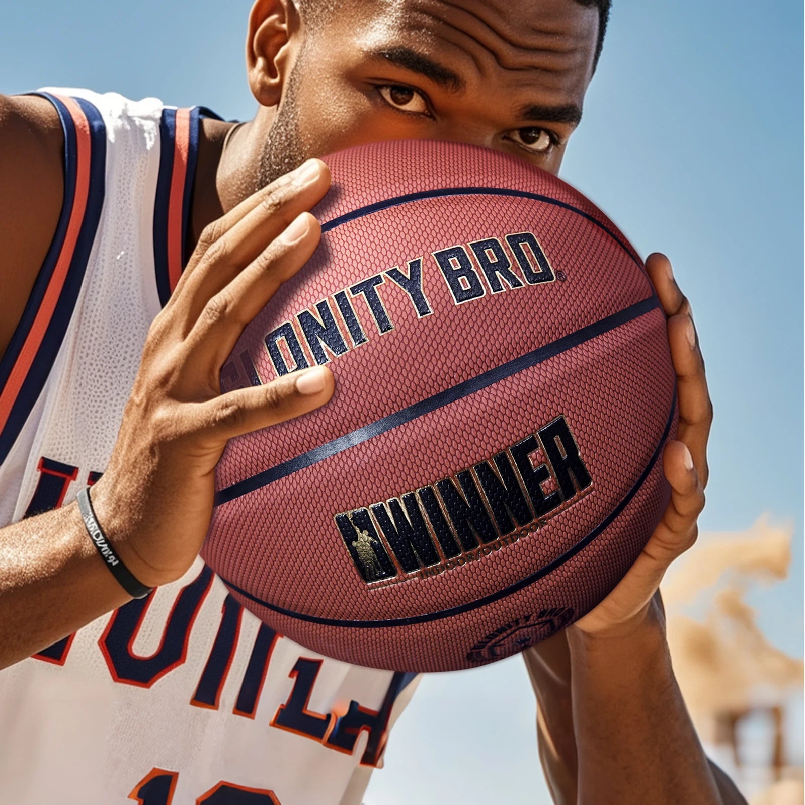 Side angle showing non-slip PU leather basketball texture
