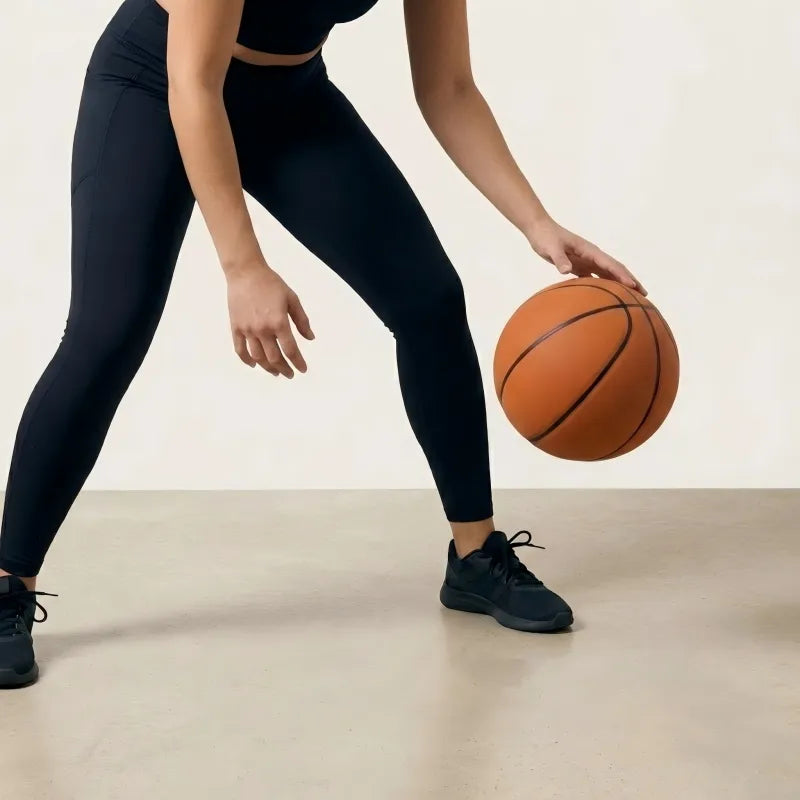 An athlete in black performance wear practicing indoor dribbling with a matte orange silent basketball, emphasizing quiet training and athletic intelligence on a polished studio floor