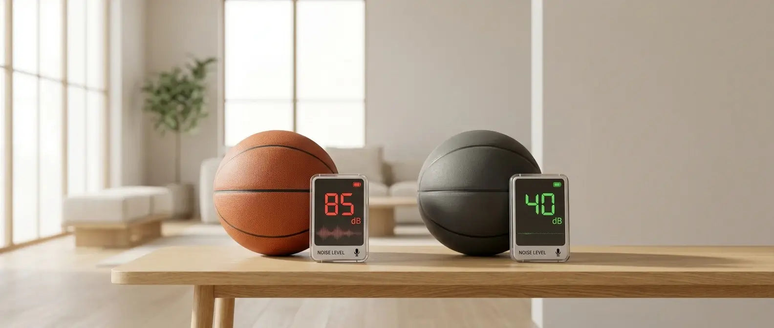 Silent basketball noise level test showing 40dB vs regular basketball 85dB, quiet for apartments in Australia