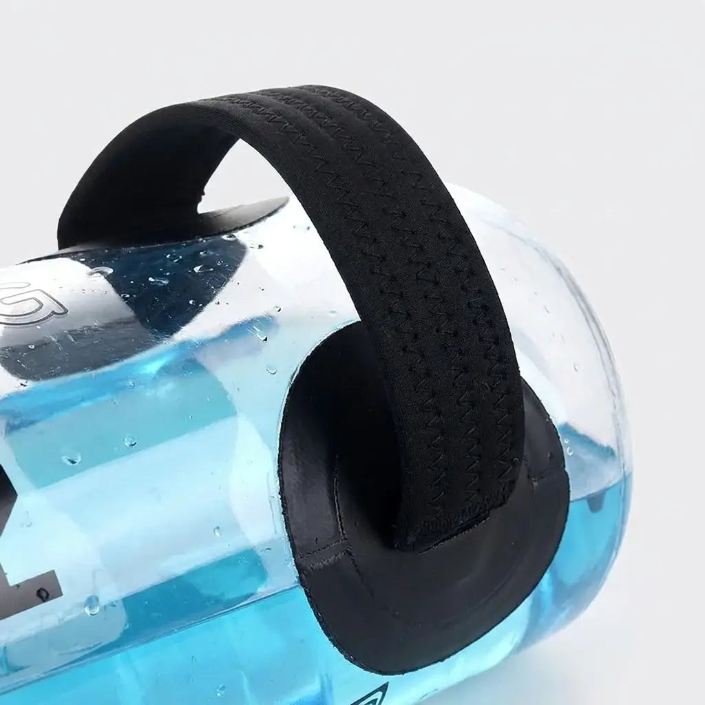 The Original Fitness Water Bag ergonomic padded handle close-up, 5~35KG adjustable fitness aqua bag, non-slip grip, heavy duty workout sandbag alternative for strength training
