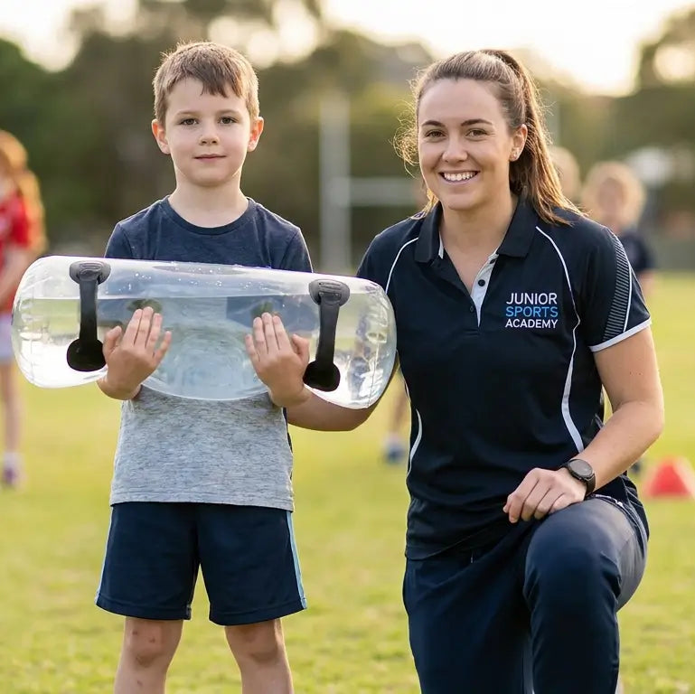 Kids sports coach and young athlete recommending ergonomic water power bag for youth training
